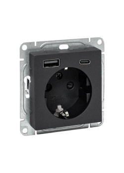 Механизм розетки с USB-A+С - 2шт, 16А, с заземлением, со шторками, чёрн. Эпика EKF