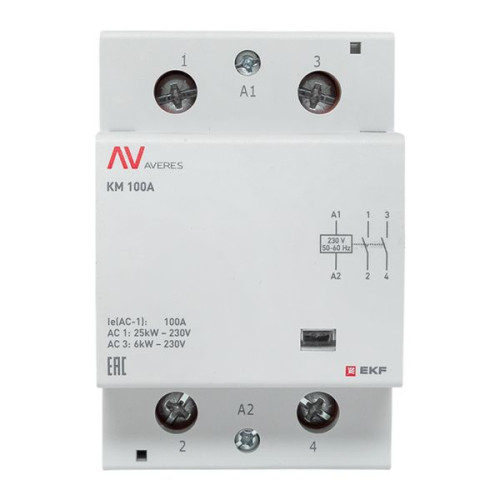 Контактор модульный КМ 100А 2NO 230В АС (3 мод.) AVERES EKF Контактор модульный КМ 100А 2NO 230В АС (3 мод.) AVERES EKF