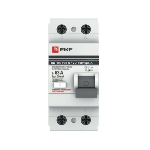 ВДТ ВД-100 2P 63А 30мА тип А эл-мех 4,5кА PROXIMA EKF